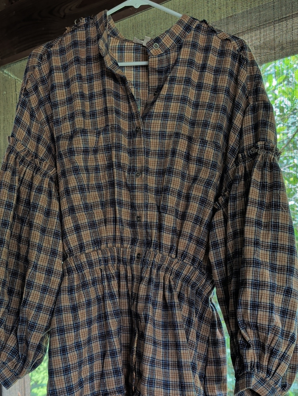Peach Love California Tan and Navy Plaid Mini Dress Wide Long Sleeved Distressed